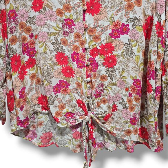 Democracy Women’s Floral Tie-Front Blouse PS Petite – 100% Rayon Boho Style - Picture 3 of 9